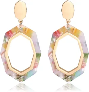 Acrylic Earrings Bohemian Women's Metallic Octagon Resin Hoop Drop Earrings Dangle