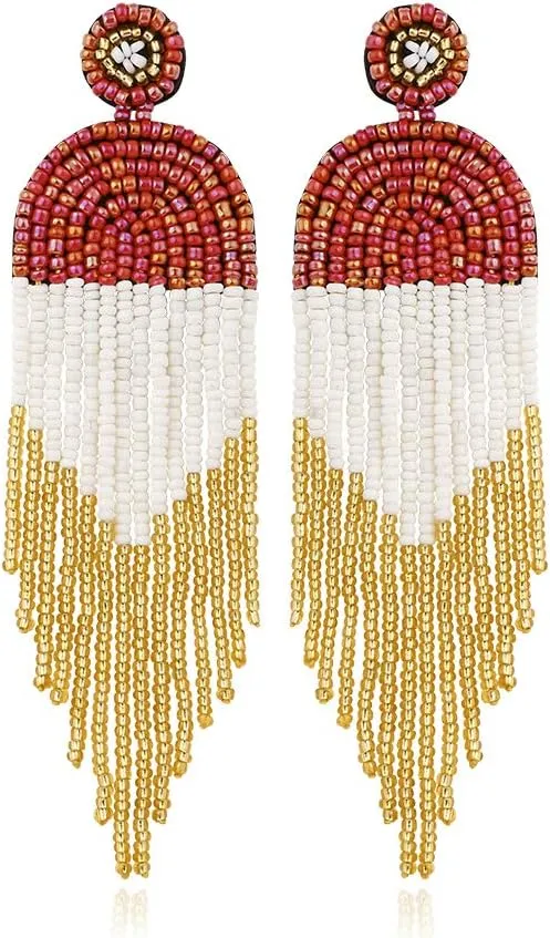 AD. Jewelry Dangle Earrings for Women Ethnic Bohemia Style Handmade Colorized Seed Beads Waterfall Shape Statement Drop Earrings Christmas Gift for Women