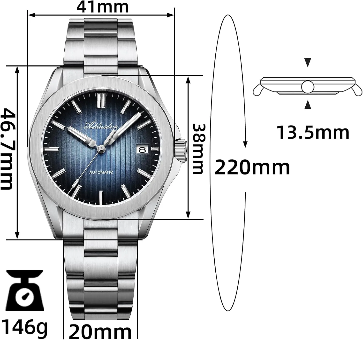 ADDIESDIVE Luxury Men's Automatic Business Watch NH35 Sapphire Glass Sunray-Brushed Dial Luminous 200M Waterproof Watches for Men with Stainless Steel Bracelet
