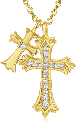 AENEAS Double Cross Necklace for Women Sterling Silver Gold Filled Cross Pendant Crucifix Religious Faith Jewelry Gift for Women