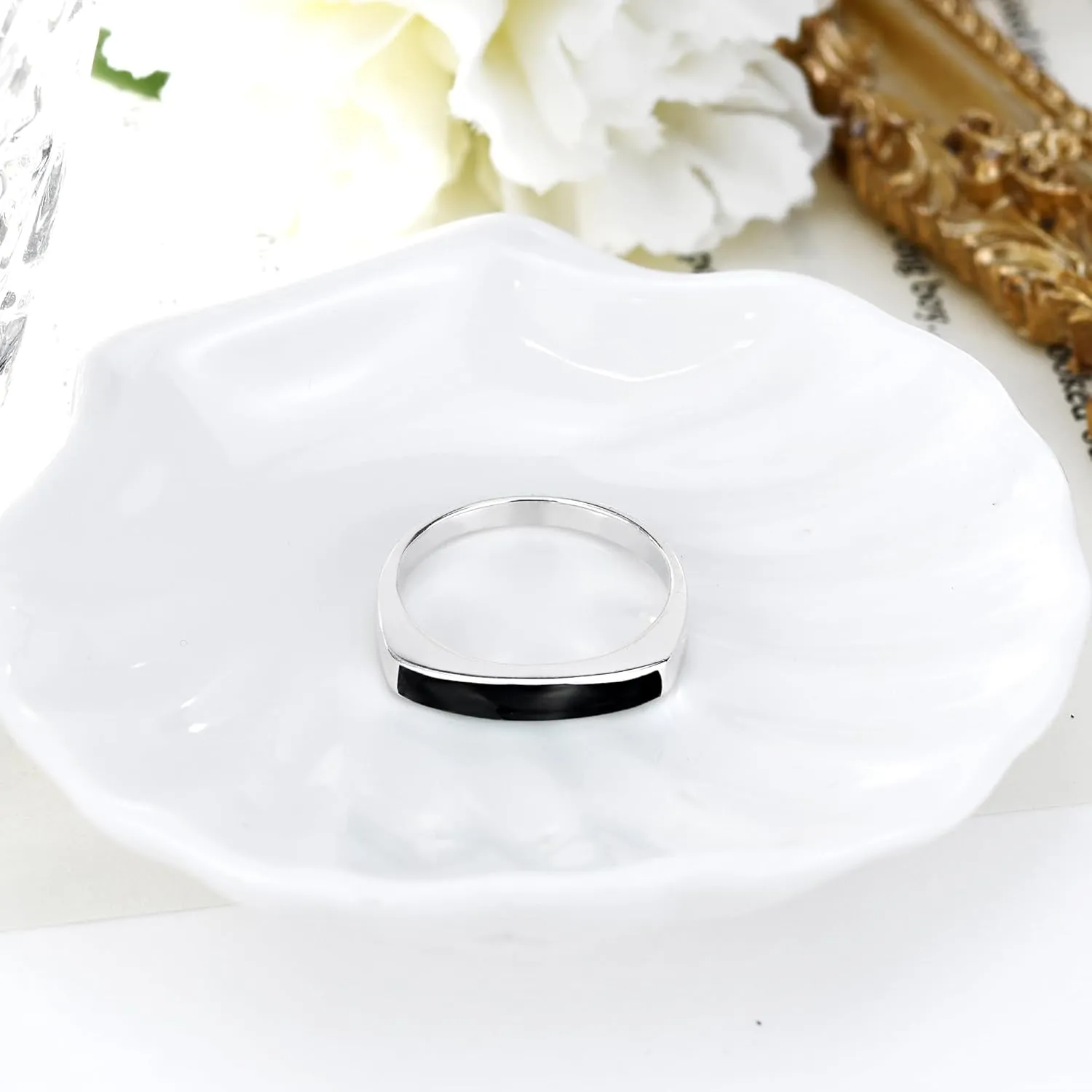 AeraVida Rectangular Bar Simulated Black Onyx Inlay .925 Sterling Silver Ring | Casual Comfort Fit Silver Rings for Women | Gift for Daughter, Women | Sterling Silver Rings Sizes