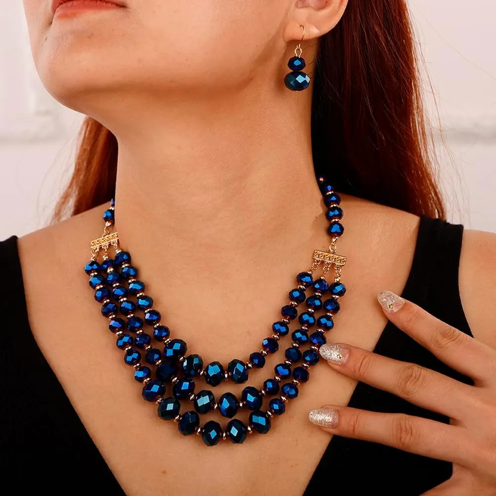 Aimimier Boho Layered Beaded Choker Necklace with Earrings Crystal Cluster Chunky Chain Pendant Statement Necklace for Women