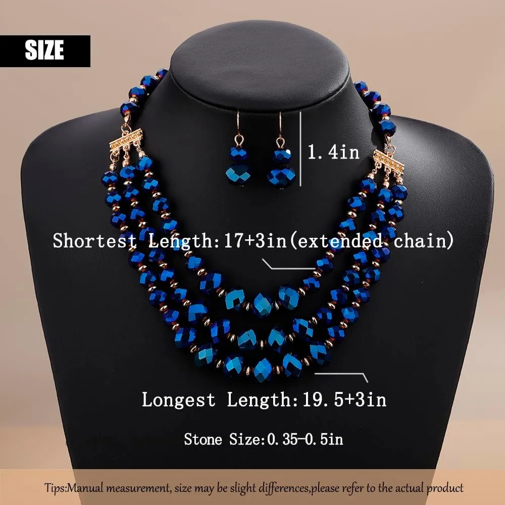 Aimimier Boho Layered Beaded Choker Necklace with Earrings Crystal Cluster Chunky Chain Pendant Statement Necklace for Women