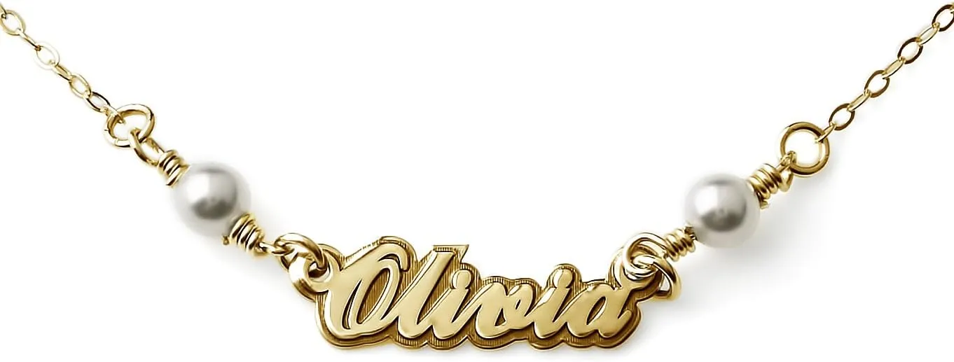 AJ's Collection Petite Nameplate Sterling Silver Necklace With Crystal Pearls. Choice Sterling Silver, 14K Gold Plated or 14K Rose Gold