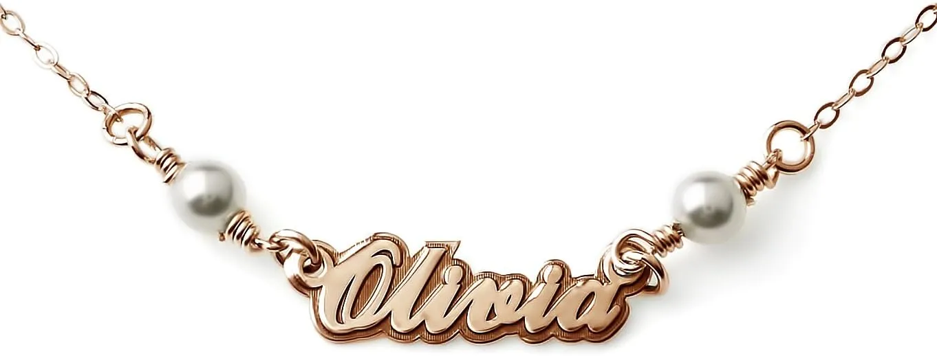 AJ's Collection Petite Nameplate Sterling Silver Necklace With Crystal Pearls. Choice Sterling Silver, 14K Gold Plated or 14K Rose Gold
