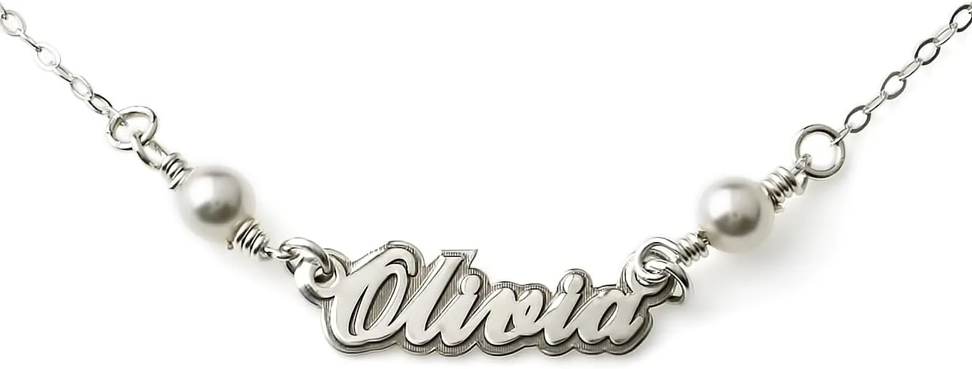 AJ's Collection Petite Nameplate Sterling Silver Necklace With Crystal Pearls. Choice Sterling Silver, 14K Gold Plated or 14K Rose Gold