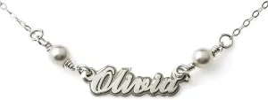 AJ's Collection Petite Nameplate Sterling Silver Necklace With Crystal Pearls. Choice Sterling Silver, 14K Gold Plated or 14K Rose Gold
