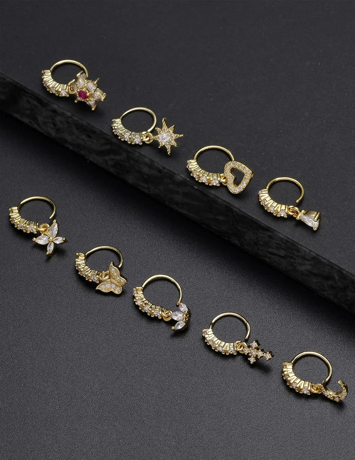 Akeoqi 12Pcs Nose Ring Hoop Cartilage Earring Cute Leaf Star CZ Butterfly Paved Nose Piercing Jewelry for Women men Silver Gold Tone 20G