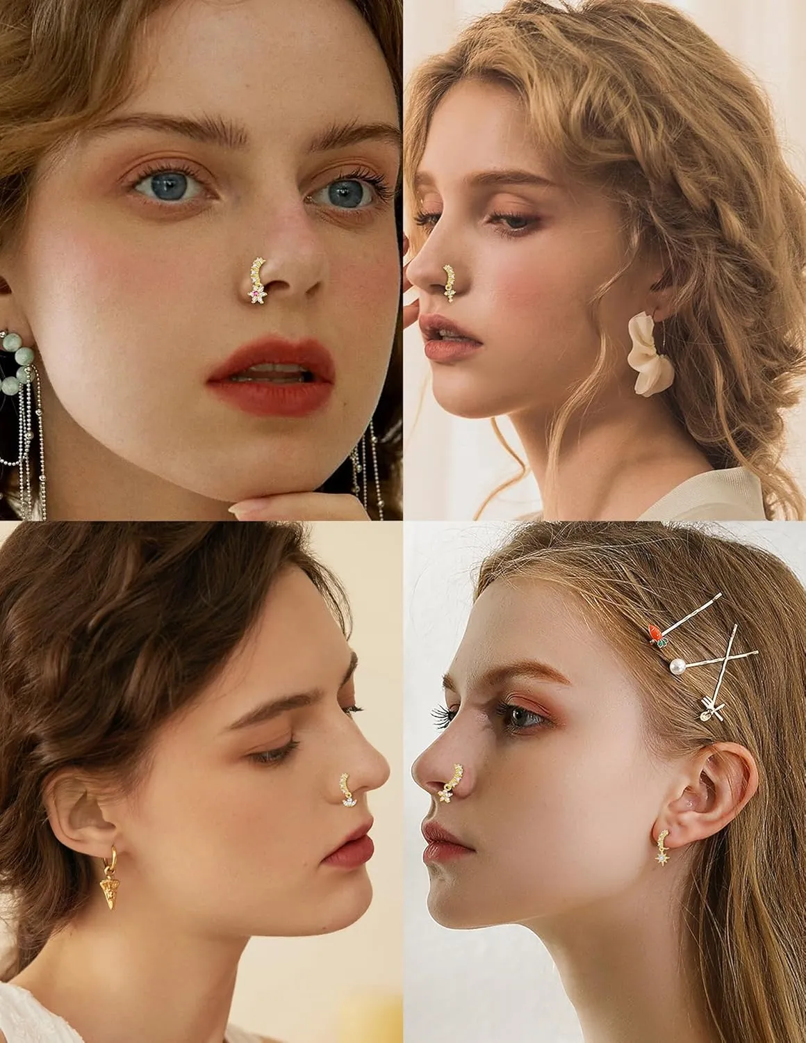 Akeoqi 12Pcs Nose Ring Hoop Cartilage Earring Cute Leaf Star CZ Butterfly Paved Nose Piercing Jewelry for Women men Silver Gold Tone 20G