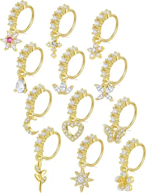 Akeoqi 12Pcs Nose Ring Hoop Cartilage Earring Cute Leaf Star CZ Butterfly Paved Nose Piercing Jewelry for Women men Silver Gold Tone 20G