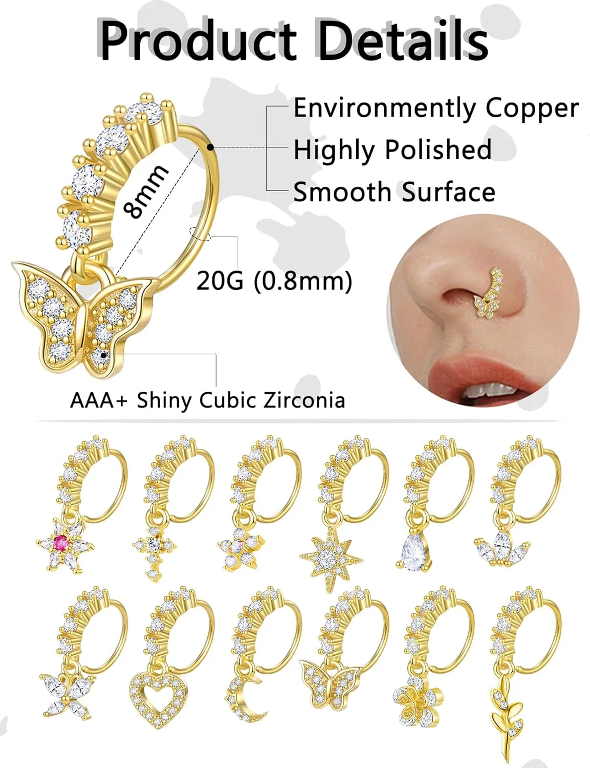 Akeoqi 12Pcs Nose Ring Hoop Cartilage Earring Cute Leaf Star CZ Butterfly Paved Nose Piercing Jewelry for Women men Silver Gold Tone 20G