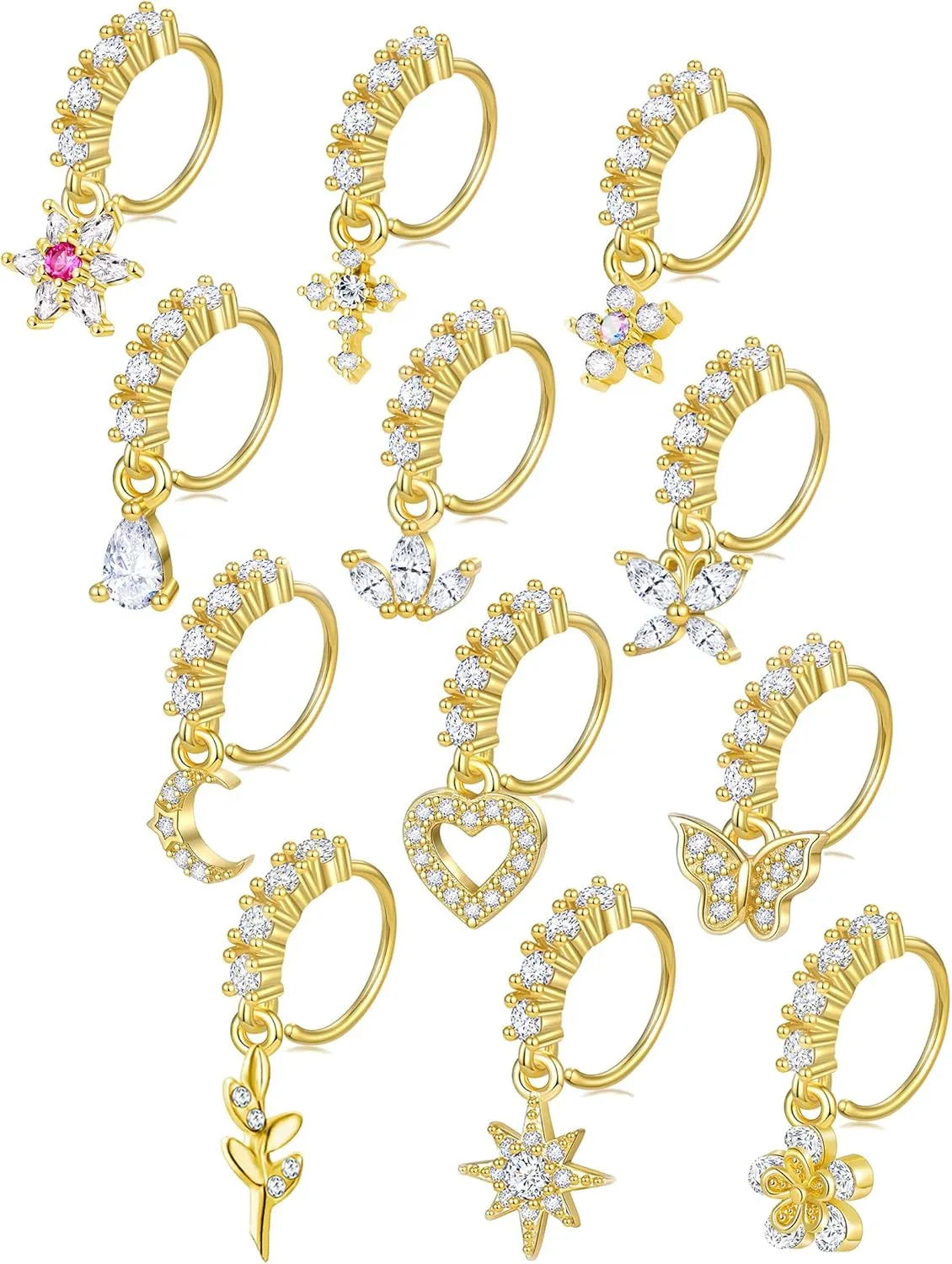 Akeoqi 12Pcs Nose Ring Hoop Cartilage Earring Cute Leaf Star CZ Butterfly Paved Nose Piercing Jewelry for Women men Silver Gold Tone 20G