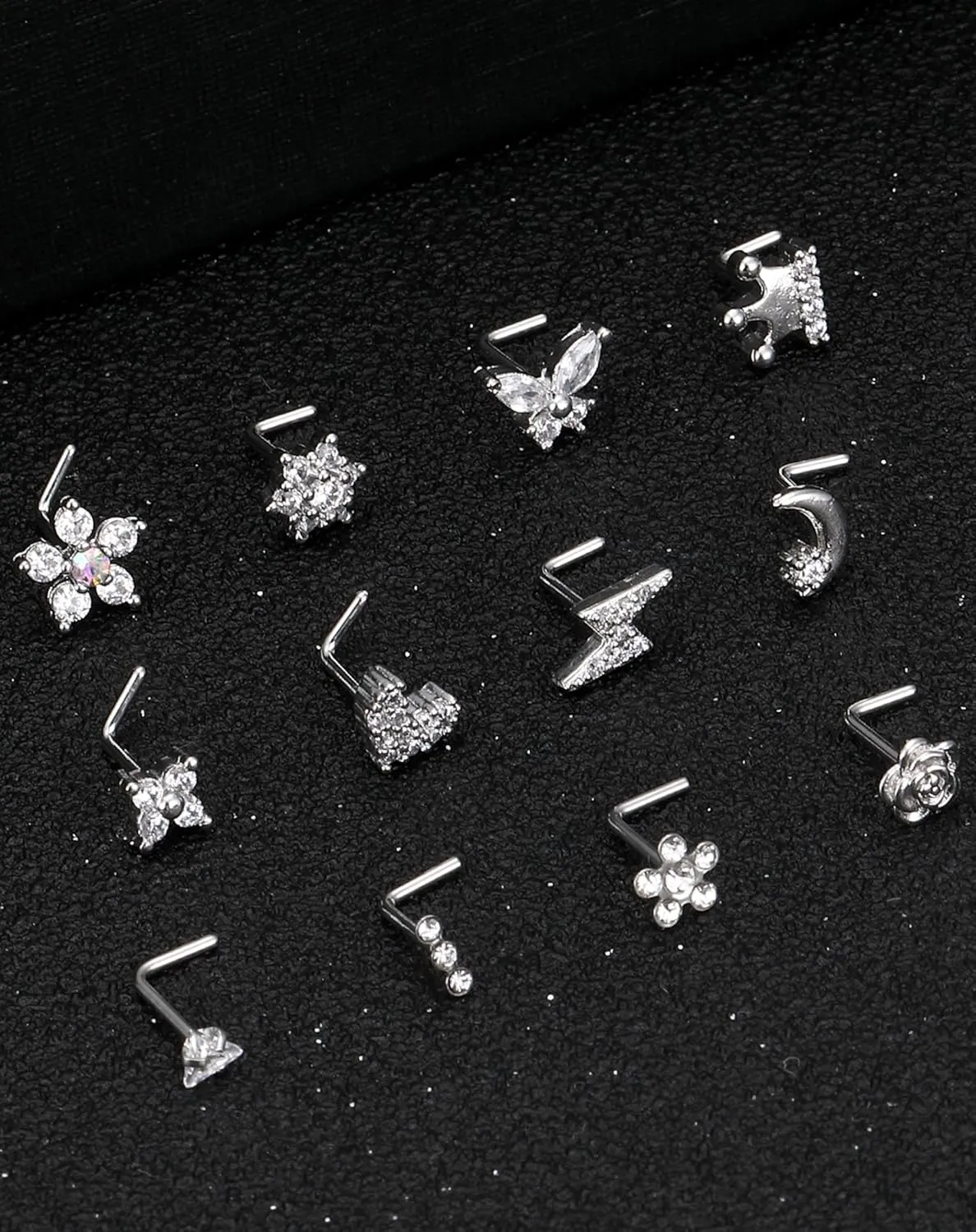 Akeoqi 12Pcs Nose Rings Stud L Shape Nose Rings Cubic Zirconia Butterfly Flower Eye Moon Crown Heart Lightning Shape Nose Studs Piercing Jewelry for Women Men 20G Silver Gold Tone