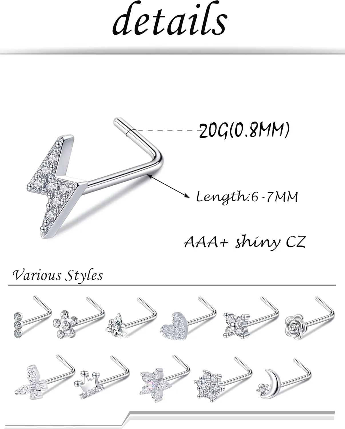 Akeoqi 12Pcs Nose Rings Stud L Shape Nose Rings Cubic Zirconia Butterfly Flower Eye Moon Crown Heart Lightning Shape Nose Studs Piercing Jewelry for Women Men 20G Silver Gold Tone