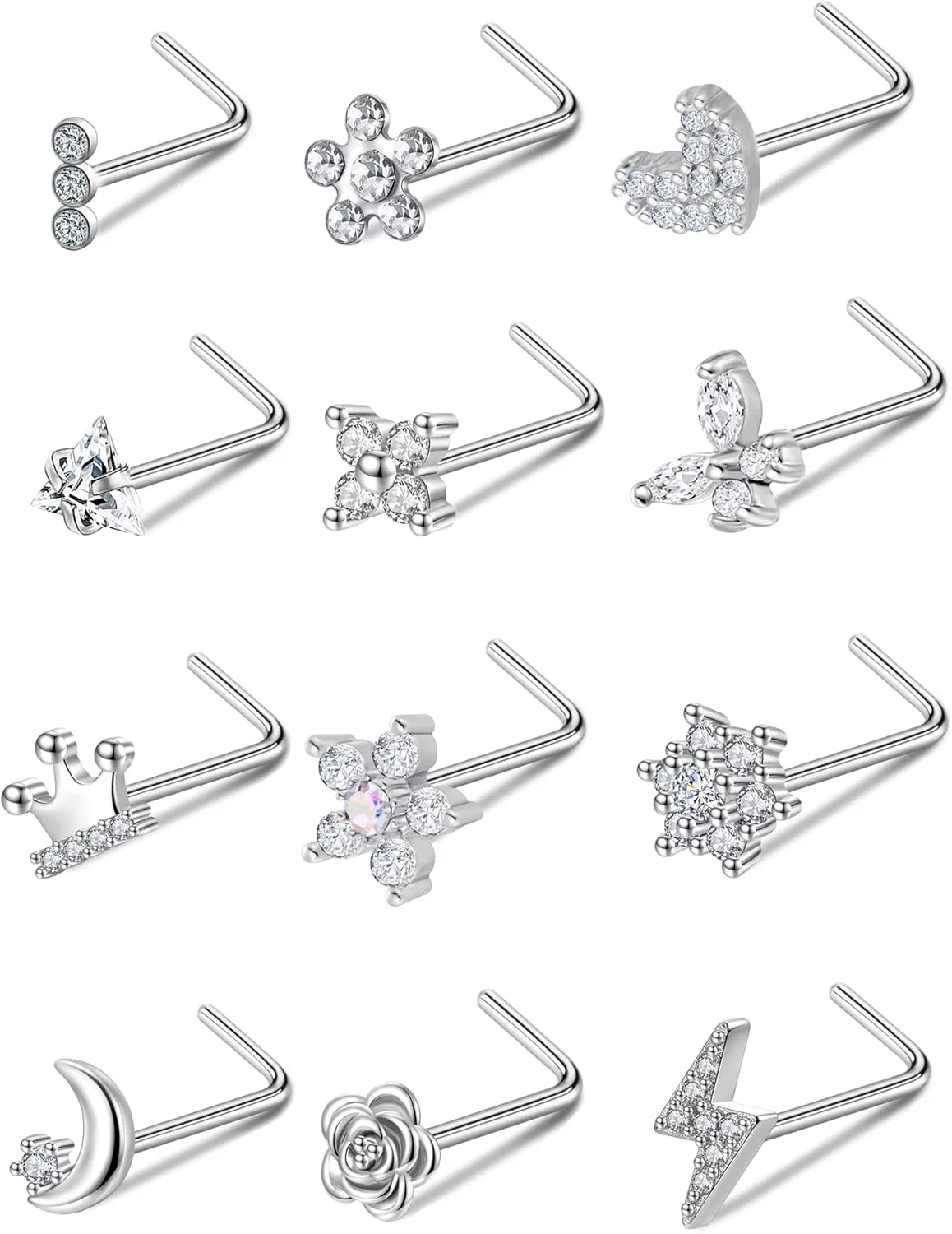 Akeoqi 12Pcs Nose Rings Stud L Shape Nose Rings Cubic Zirconia Butterfly Flower Eye Moon Crown Heart Lightning Shape Nose Studs Piercing Jewelry for Women Men 20G Silver Gold Tone