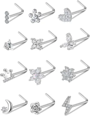 Akeoqi 12Pcs Nose Rings Stud L Shape Nose Rings Cubic Zirconia Butterfly Flower Eye Moon Crown Heart Lightning Shape Nose Studs Piercing Jewelry for Women Men 20G Silver Gold Tone