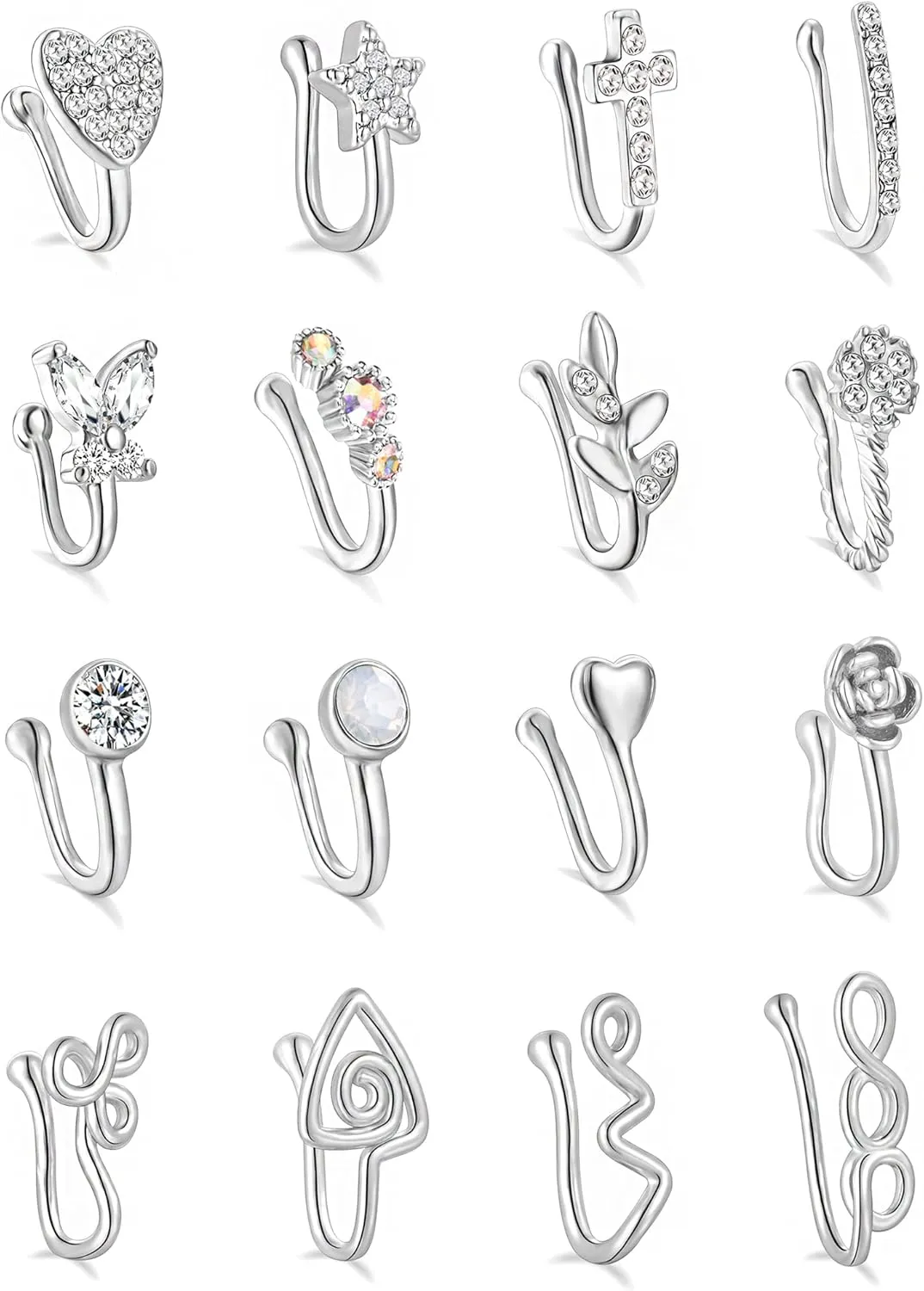 Akeoqi 16-24Pcs African Faux Nose Cuff Non Piercing Inlaid Cubic Zirconia Clip on Nose Ring Star flower Leaf Heart Shape Nose Ring Fake Nose Cuff for Women Silver Gold Rose Gold Tone