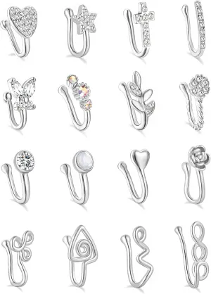 Akeoqi 16-24Pcs African Faux Nose Cuff Non Piercing Inlaid Cubic Zirconia Clip on Nose Ring Star flower Leaf Heart Shape Nose Ring Fake Nose Cuff for Women Silver Gold Rose Gold Tone