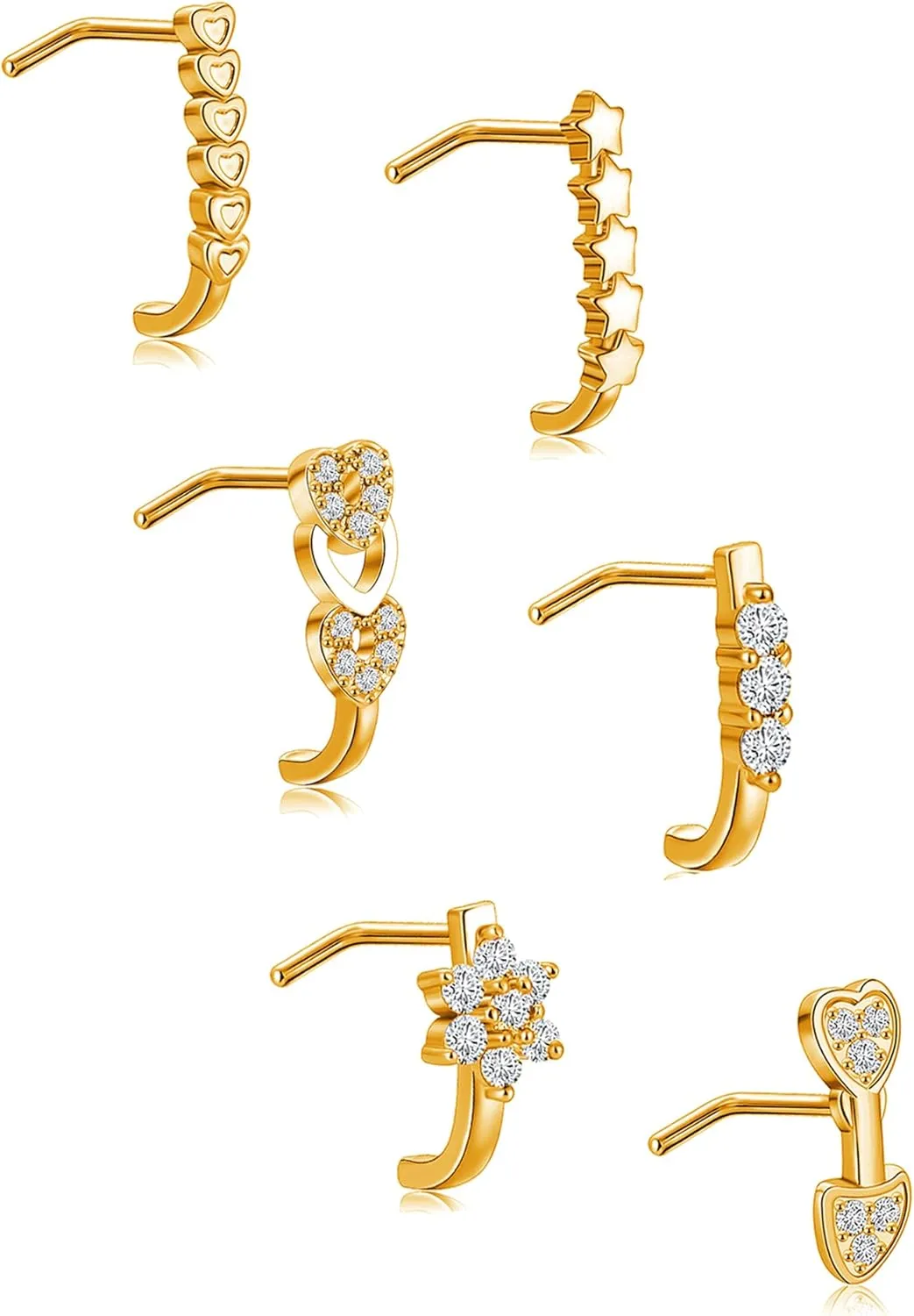 Akeoqi 6-12Pcs Nose Studs Nose Ring Inlaid Cubic Zirconia L Shaped Studs Lotus Star Heart Nose Nostril Piercing Jewelry for Women Men Sliver Gold Rose Gold Tone 20G