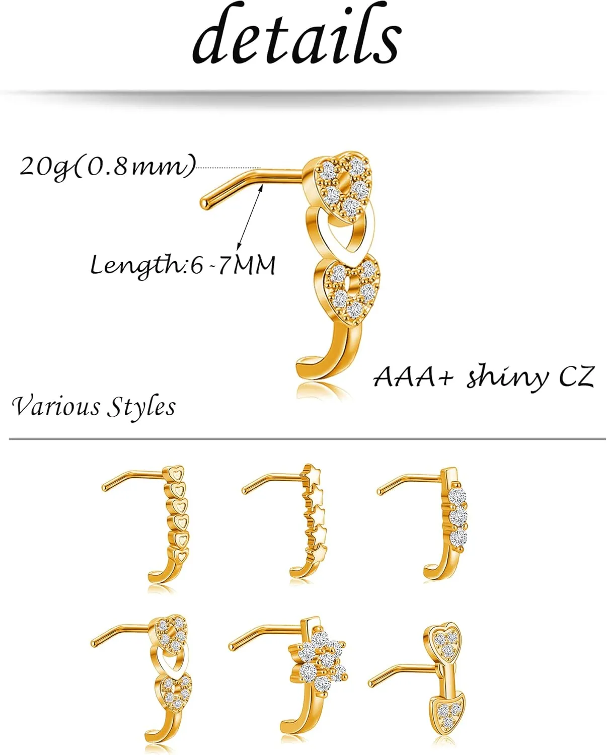 Akeoqi 6-12Pcs Nose Studs Nose Ring Inlaid Cubic Zirconia L Shaped Studs Lotus Star Heart Nose Nostril Piercing Jewelry for Women Men Sliver Gold Rose Gold Tone 20G