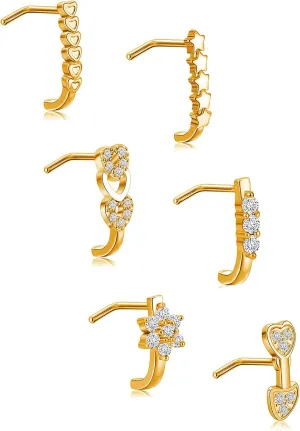 Akeoqi 6-12Pcs Nose Studs Nose Ring Inlaid Cubic Zirconia L Shaped Studs Lotus Star Heart Nose Nostril Piercing Jewelry for Women Men Sliver Gold Rose Gold Tone 20G