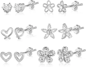ALEXCRAFT Small Gold Stud Earrings - 6 Pairs Cute Heart Studs for Women - Cubic Zirconia - Hypoallergenic - Pack