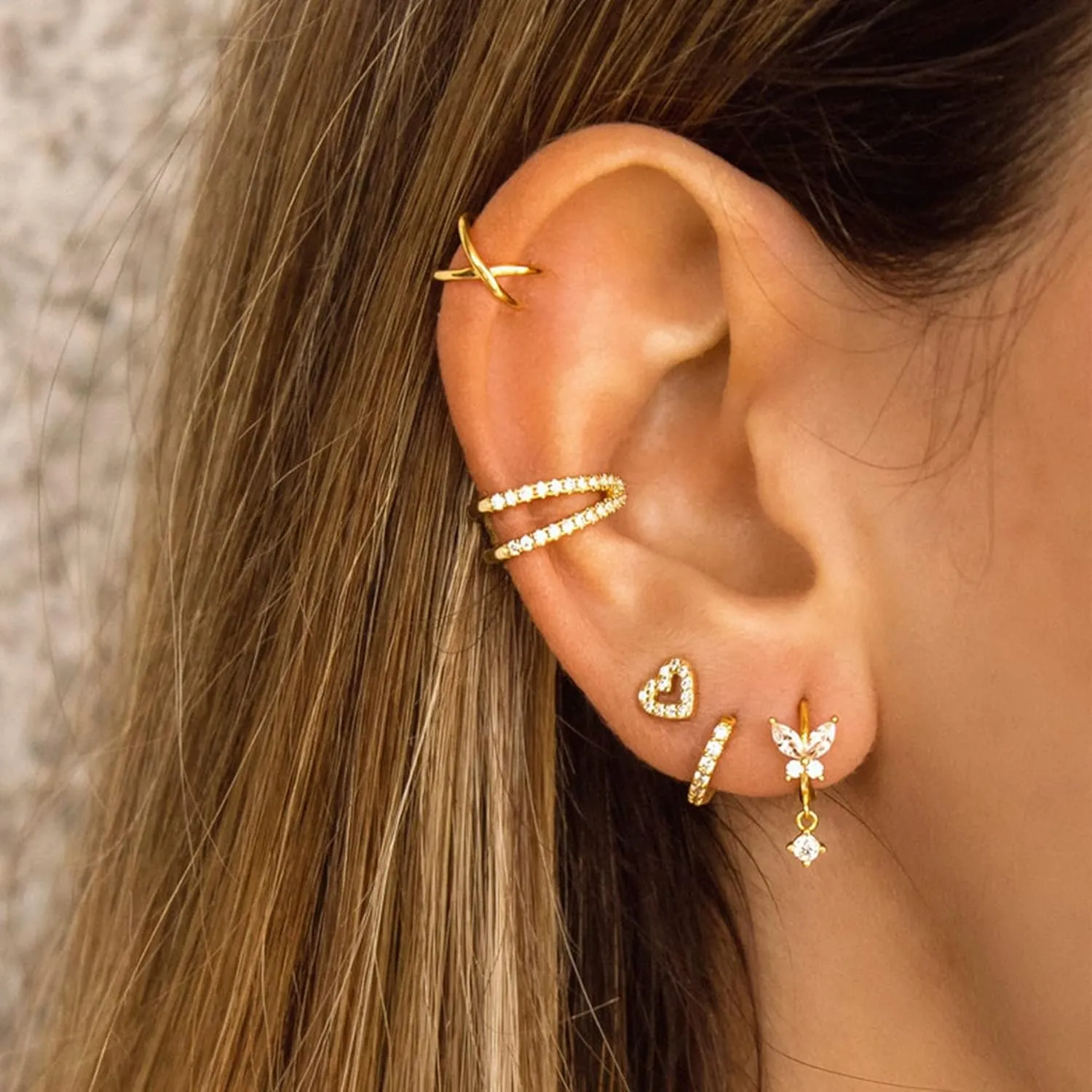 ALEXCRAFT Small Gold Stud Earrings - 6 Pairs Cute Heart Studs for Women - Cubic Zirconia - Hypoallergenic - Pack