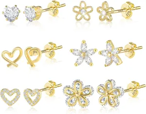 ALEXCRAFT Small Gold Stud Earrings - 6 Pairs Cute Heart Studs for Women - Cubic Zirconia - Hypoallergenic - Pack