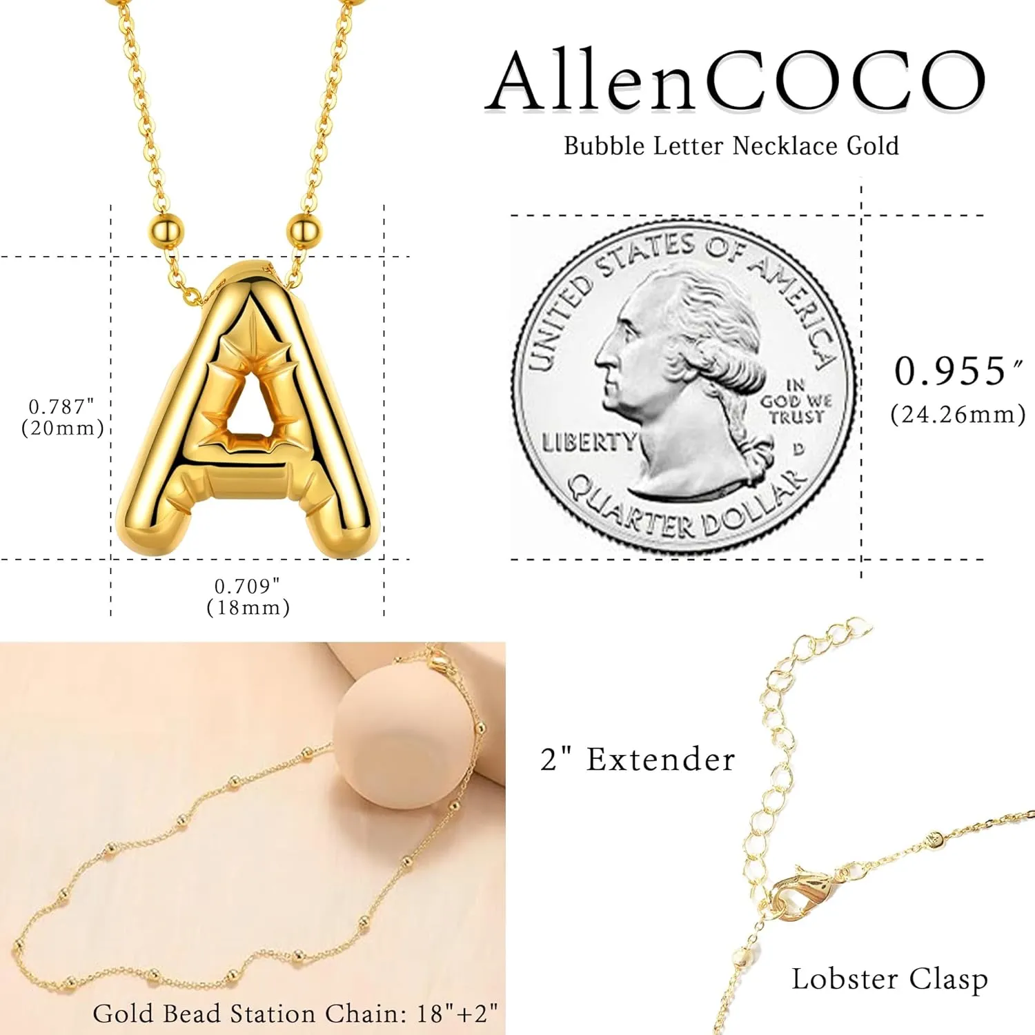 AllenCOCO Bubble Letter Necklaces Gold for Women, Thick 14K Gold Filled Balloon Initial Necklace Personalized Chunky Gold Letter Necklace for Women Non Tarnish Birthday Day Jewelry Gifts