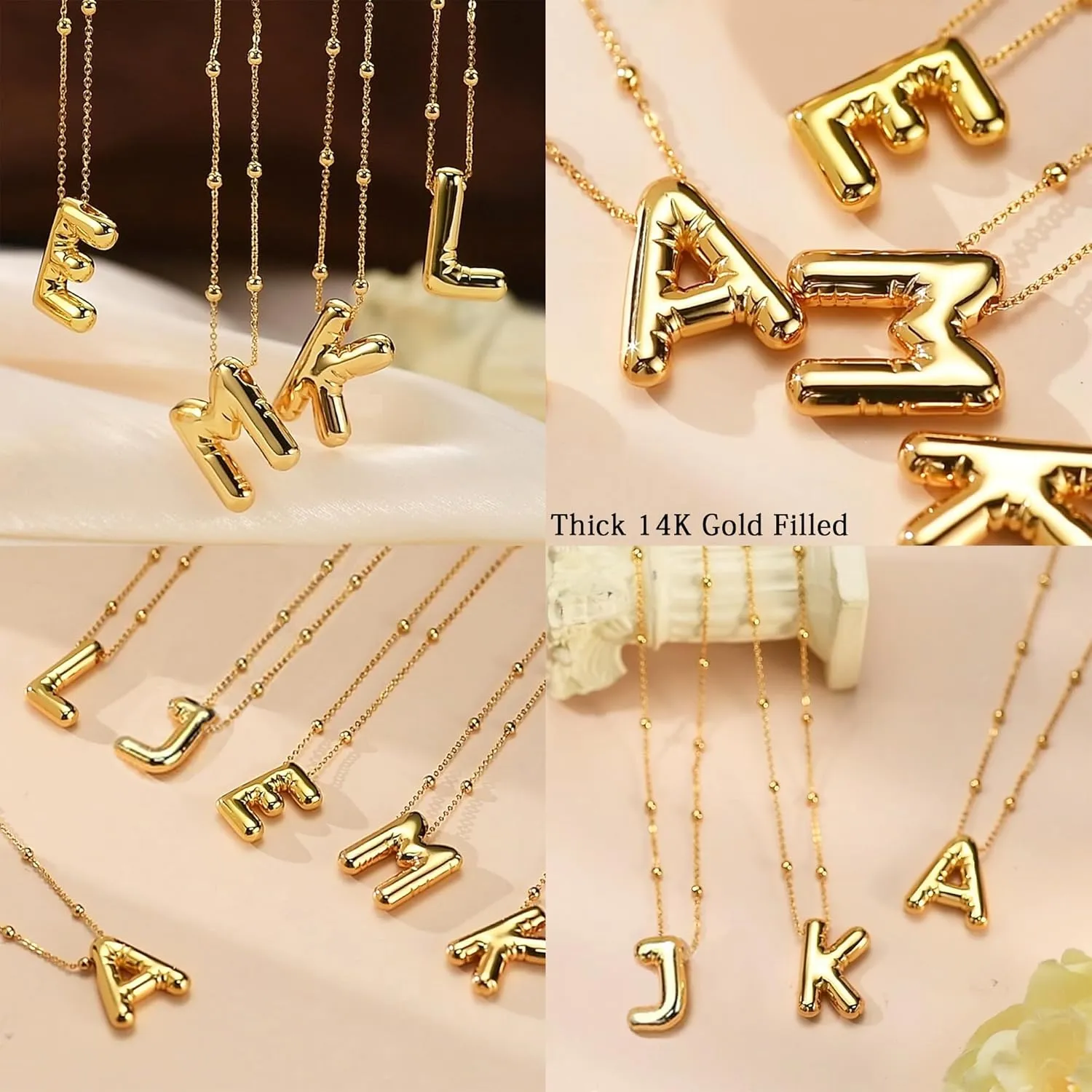 AllenCOCO Bubble Letter Necklaces Gold for Women, Thick 14K Gold Filled Balloon Initial Necklace Personalized Chunky Gold Letter Necklace for Women Non Tarnish Birthday Day Jewelry Gifts