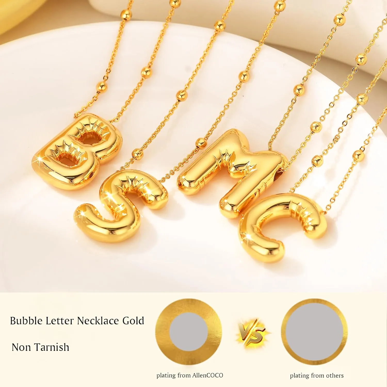 AllenCOCO Bubble Letter Necklaces Gold for Women, Thick 14K Gold Filled Balloon Initial Necklace Personalized Chunky Gold Letter Necklace for Women Non Tarnish Birthday Day Jewelry Gifts