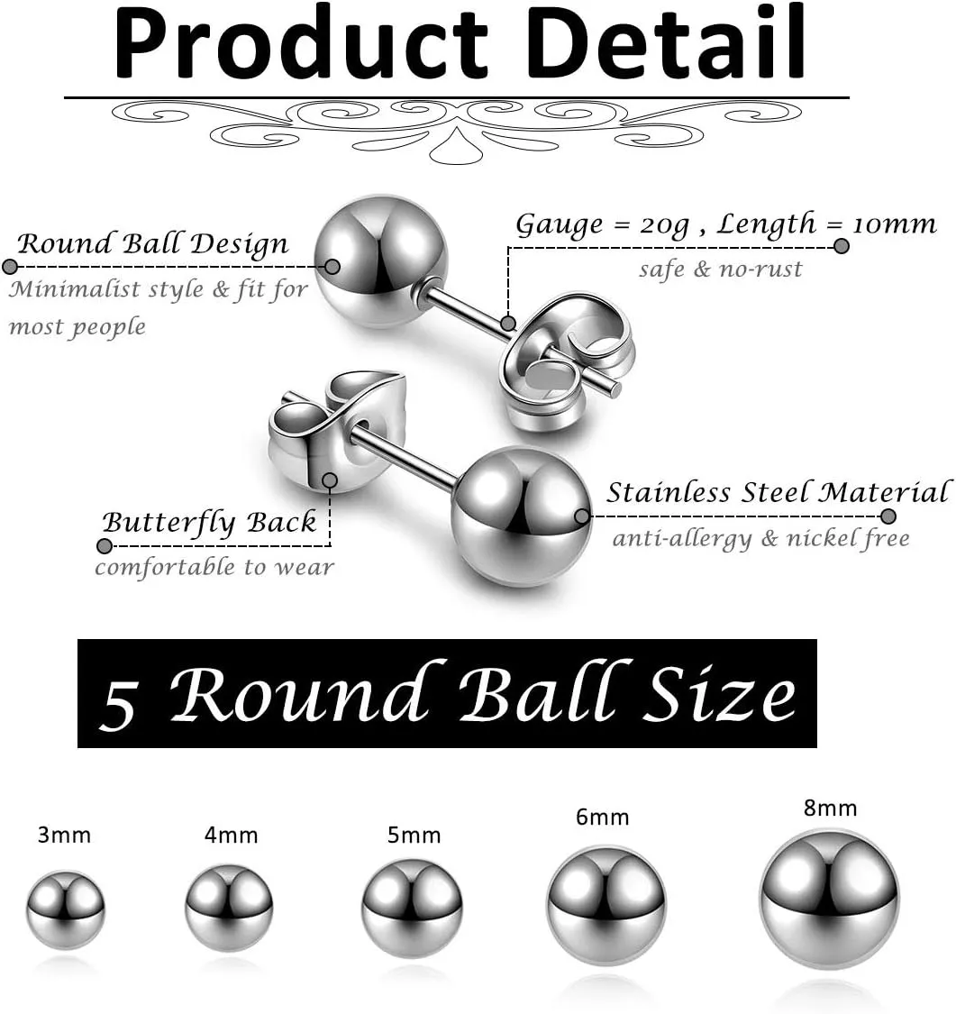 AllerPierce Hypoallergenic Ball Earrings Studs Set Stainless Steel Round Ball Studs Earrings Cartilage Earrings for Women Men 3mm-8mm10Pcs