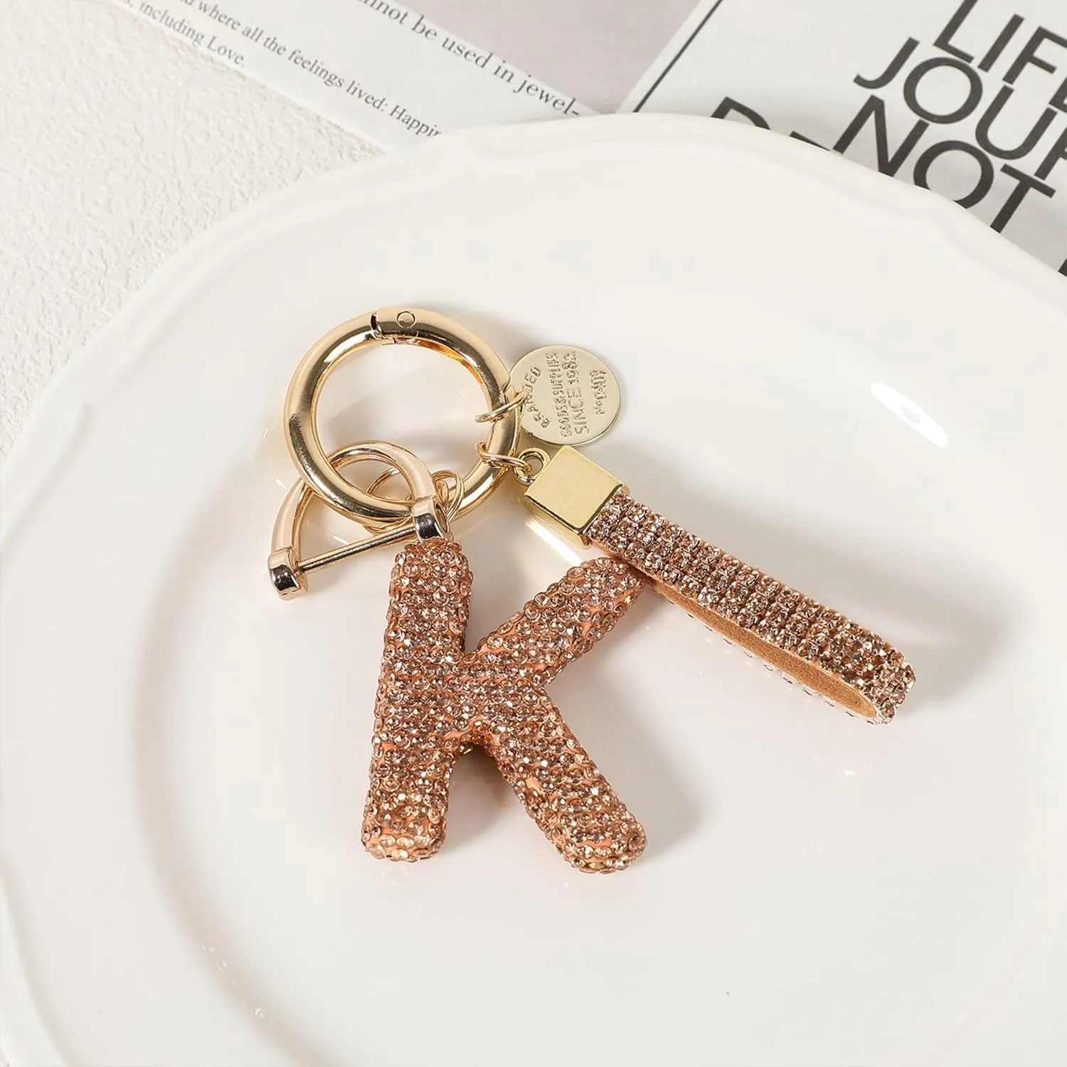 Alphabet Initial Letter Car Keychain with Sparkly Rhinestone Bling Gifts for Woman Backpack Bag Charm Decoration