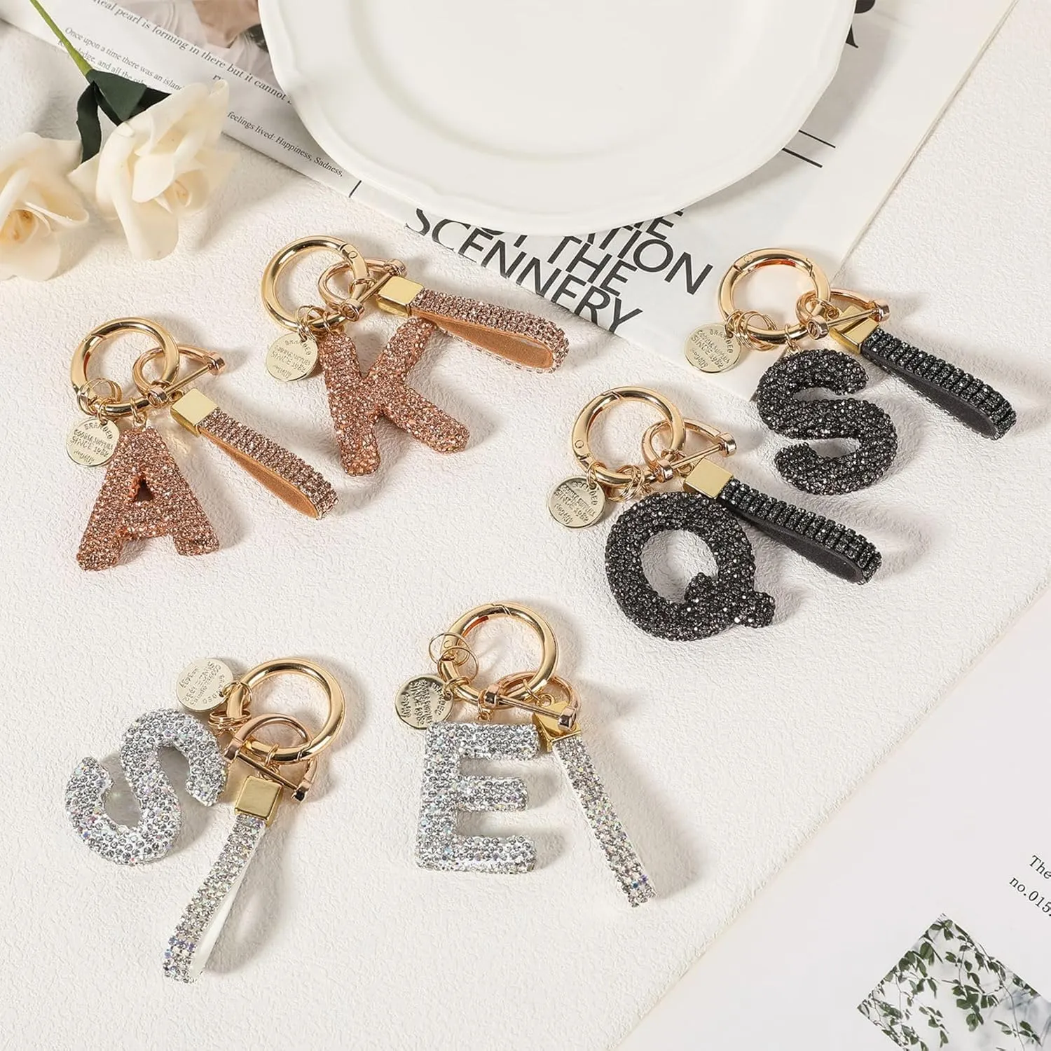 Alphabet Initial Letter Car Keychain with Sparkly Rhinestone Bling Gifts for Woman Backpack Bag Charm Decoration