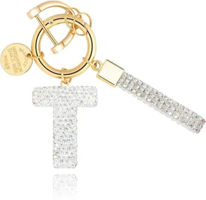 Alphabet Initial Letter Car Keychain with Sparkly Rhinestone Bling Gifts for Woman Backpack Bag Charm Decoration