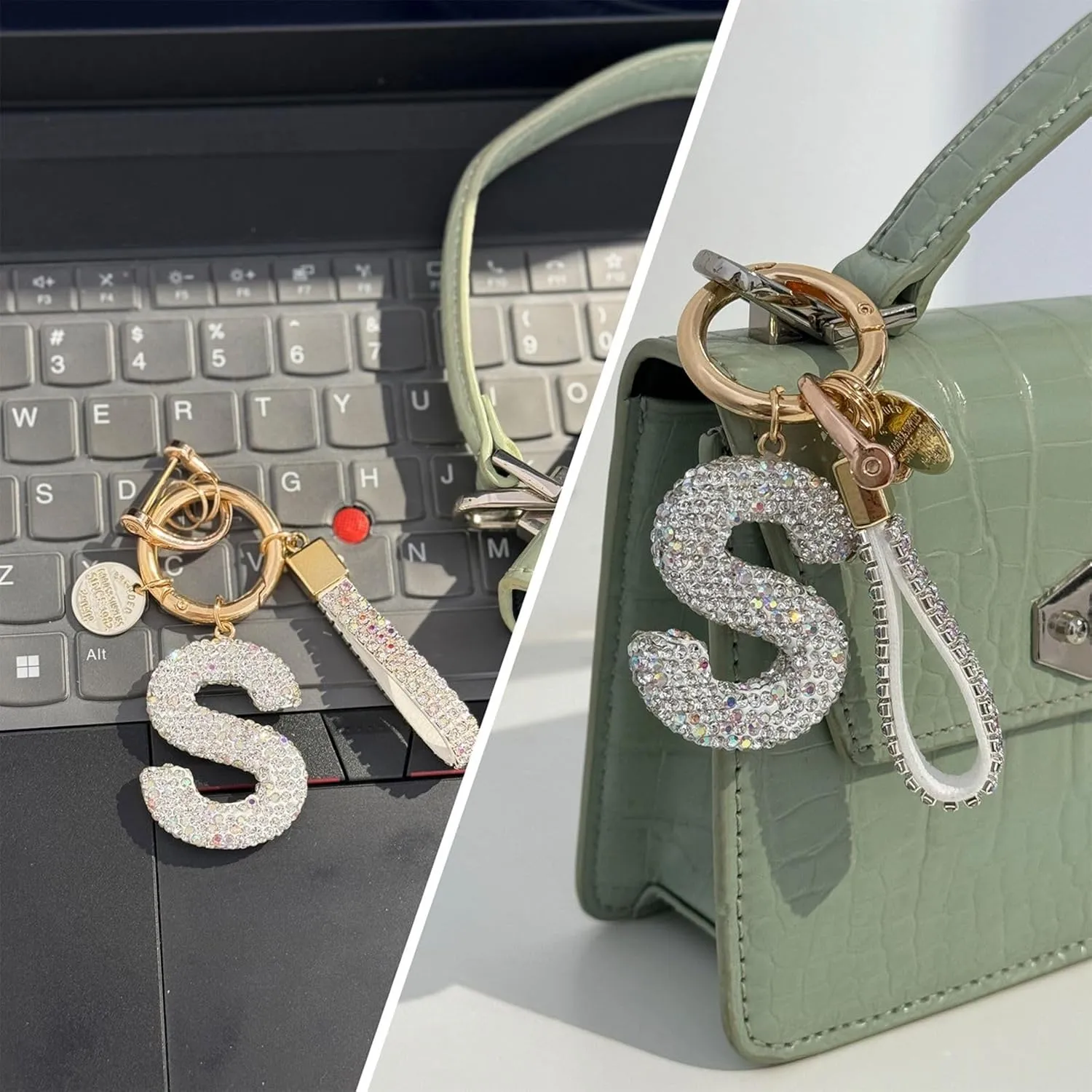 Alphabet Initial Letter Car Keychain with Sparkly Rhinestone Bling Gifts for Woman Backpack Bag Charm Decoration