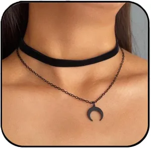 Aluinn Moon Black Choker Necklace for Women Boho Velvet Adjustable Layered Choker Necklace Goth Jewelry for Women
