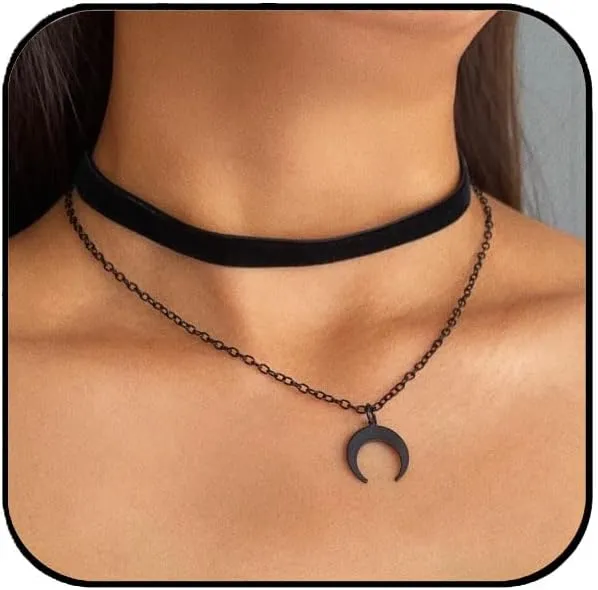 Aluinn Moon Black Choker Necklace for Women Boho Velvet Adjustable Layered Choker Necklace Goth Jewelry for Women