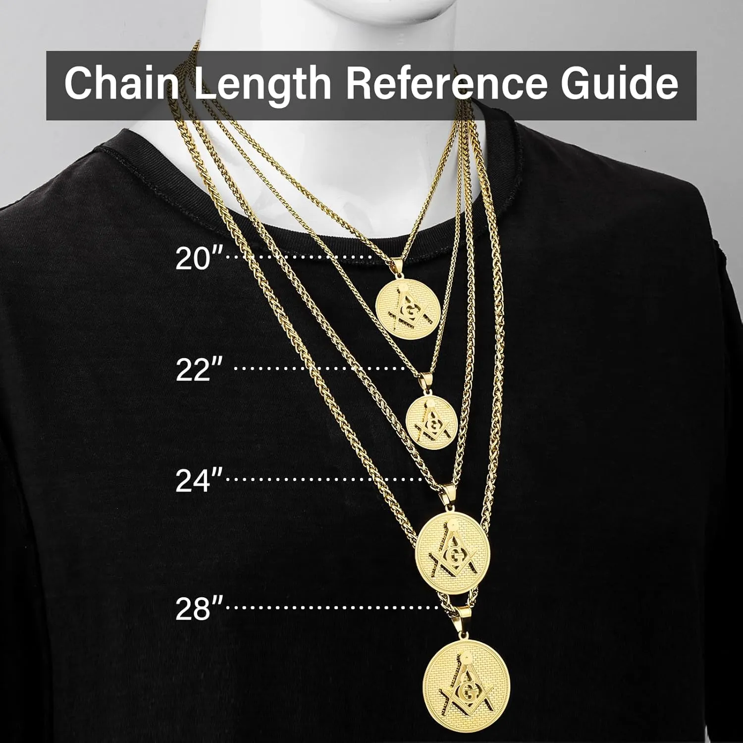 AMITER Masonic Necklace for Men, 20 22 24 28 Chain Necklace for Masons, Mens Pendant Necklace Stainless Steel - Gift Box Packed