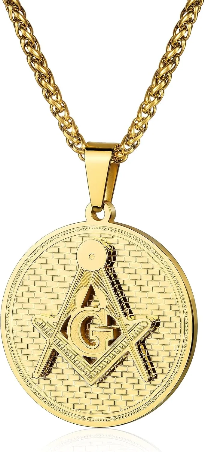 AMITER Masonic Necklace for Men, 20 22 24 28 Chain Necklace for Masons, Mens Pendant Necklace Stainless Steel - Gift Box Packed
