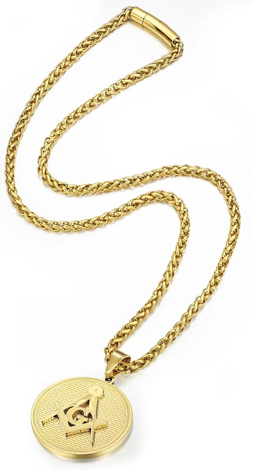 AMITER Masonic Necklace for Men, 20 22 24 28 Chain Necklace for Masons, Mens Pendant Necklace Stainless Steel - Gift Box Packed