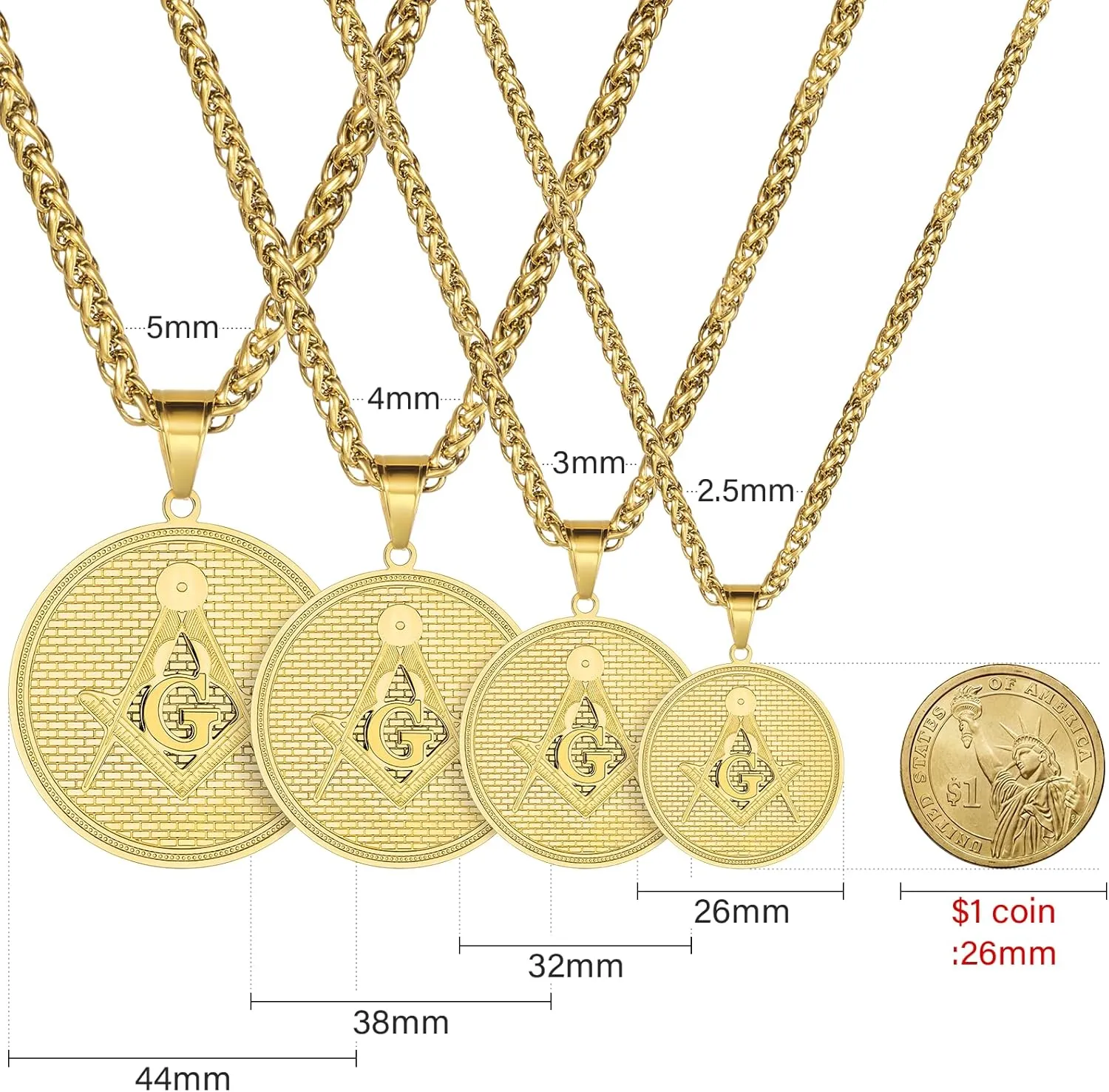 AMITER Masonic Necklace for Men, 20 22 24 28 Chain Necklace for Masons, Mens Pendant Necklace Stainless Steel - Gift Box Packed