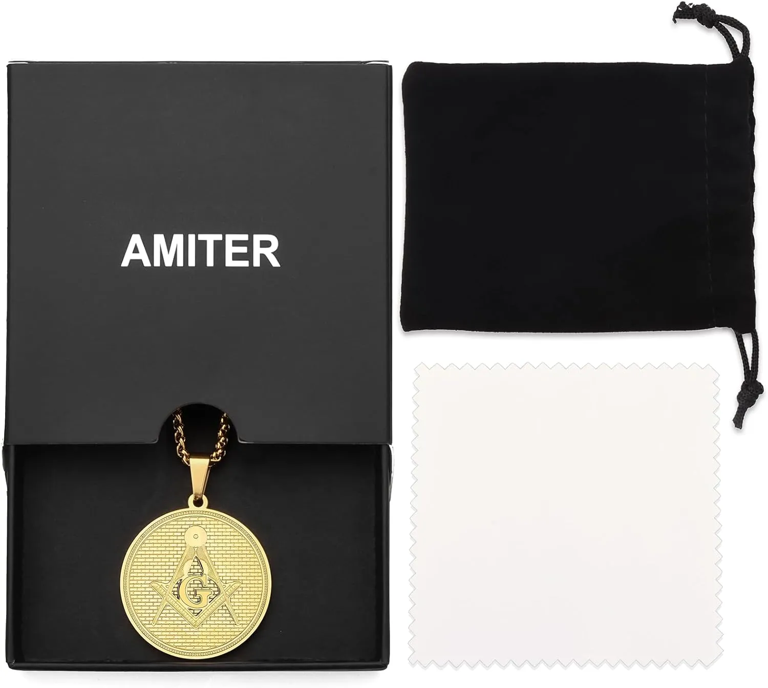 AMITER Masonic Necklace for Men, 20 22 24 28 Chain Necklace for Masons, Mens Pendant Necklace Stainless Steel - Gift Box Packed