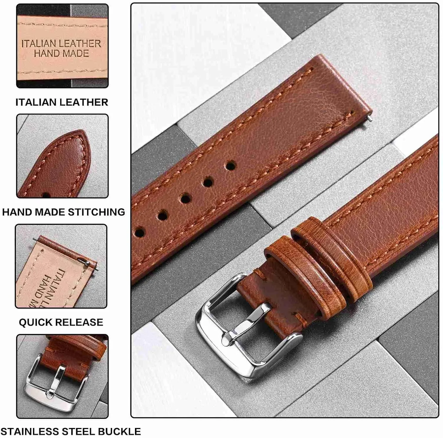 Anbeer Quick Release Leather Watch Bands Genuine Watch Straps for Men Women,18mm 20mm 22mm Italian Leather Watch Strap, Stainless Steel Buckle