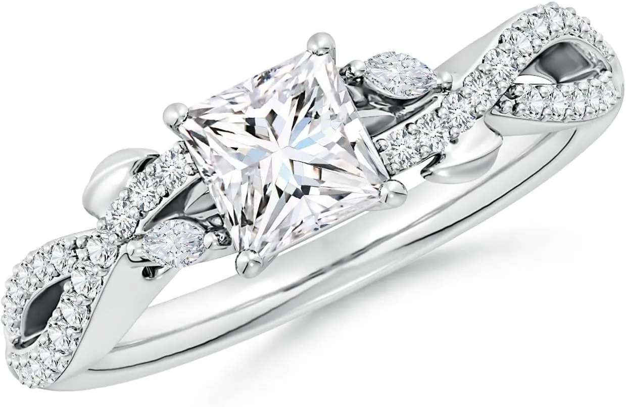 Angara Lab Grown Nature-Inspired Princess-Cut and Marquise Diamond Side Stone Engagement Ring in Silver / 14K Solid Gold/Platinum | April Birthstone, Birthday, Anniversary Jewelry Gift for Women