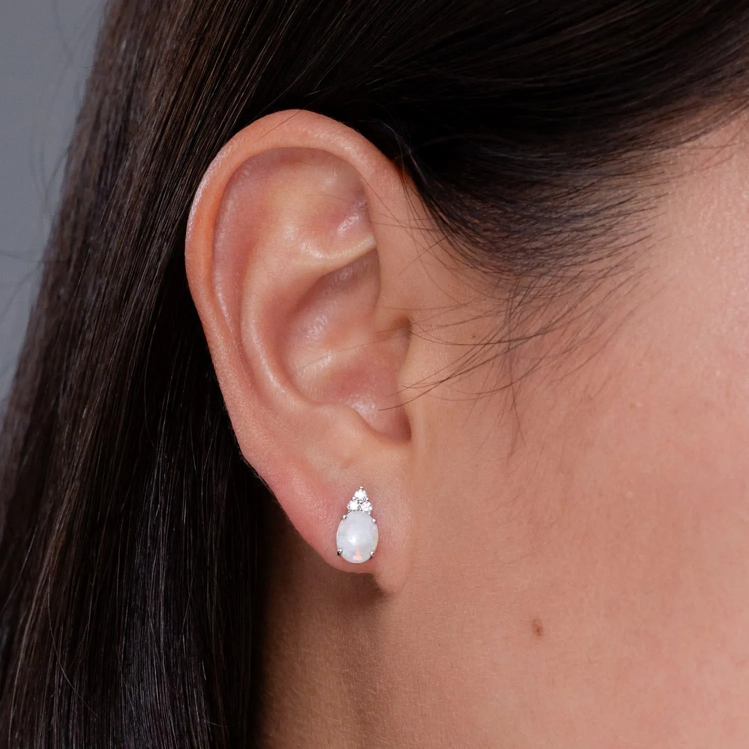 ANGARA Natural Classic Oval Opal Solitaire Stud Earrings with Trio Diamonds in Silver / 14K Solid Gold/Platinum | October Birthstone, Birthday, Engagement, Anniversary Jewelry Gift for Women
