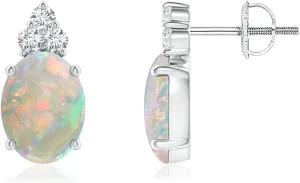 ANGARA Natural Classic Oval Opal Solitaire Stud Earrings with Trio Diamonds in Silver / 14K Solid Gold/Platinum | October Birthstone, Birthday, Engagement, Anniversary Jewelry Gift for Women