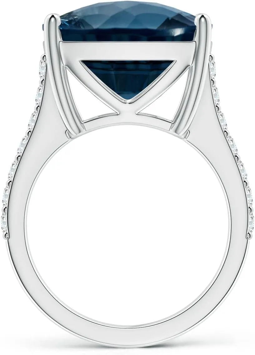 Angara Natural GIA Certified Cushion 16.12 ct London Blue Topaz Cocktail Ring with Diamonds in 14K Solid Gold/Platinum for Women | November Birthstone Jewelry for Women