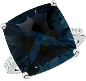 Angara Natural GIA Certified Cushion 16.12 ct London Blue Topaz Cocktail Ring with Diamonds in 14K Solid Gold/Platinum for Women | November Birthstone Jewelry for Women