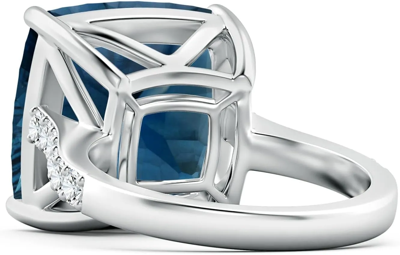 Angara Natural GIA Certified Cushion 16.12 ct London Blue Topaz Cocktail Ring with Diamonds in 14K Solid Gold/Platinum for Women | November Birthstone Jewelry for Women